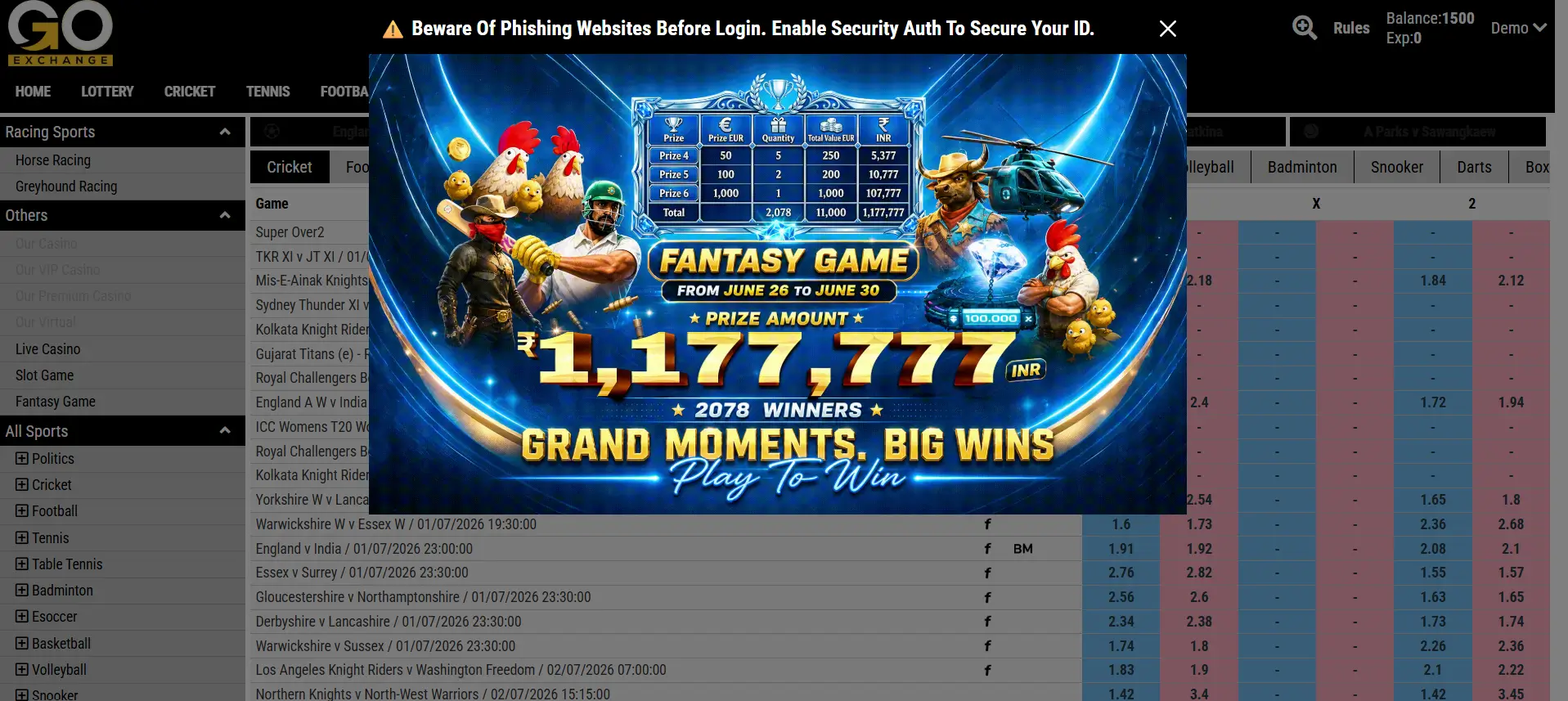 GoExch9 platform dashboard showing live IPL cricket markets
